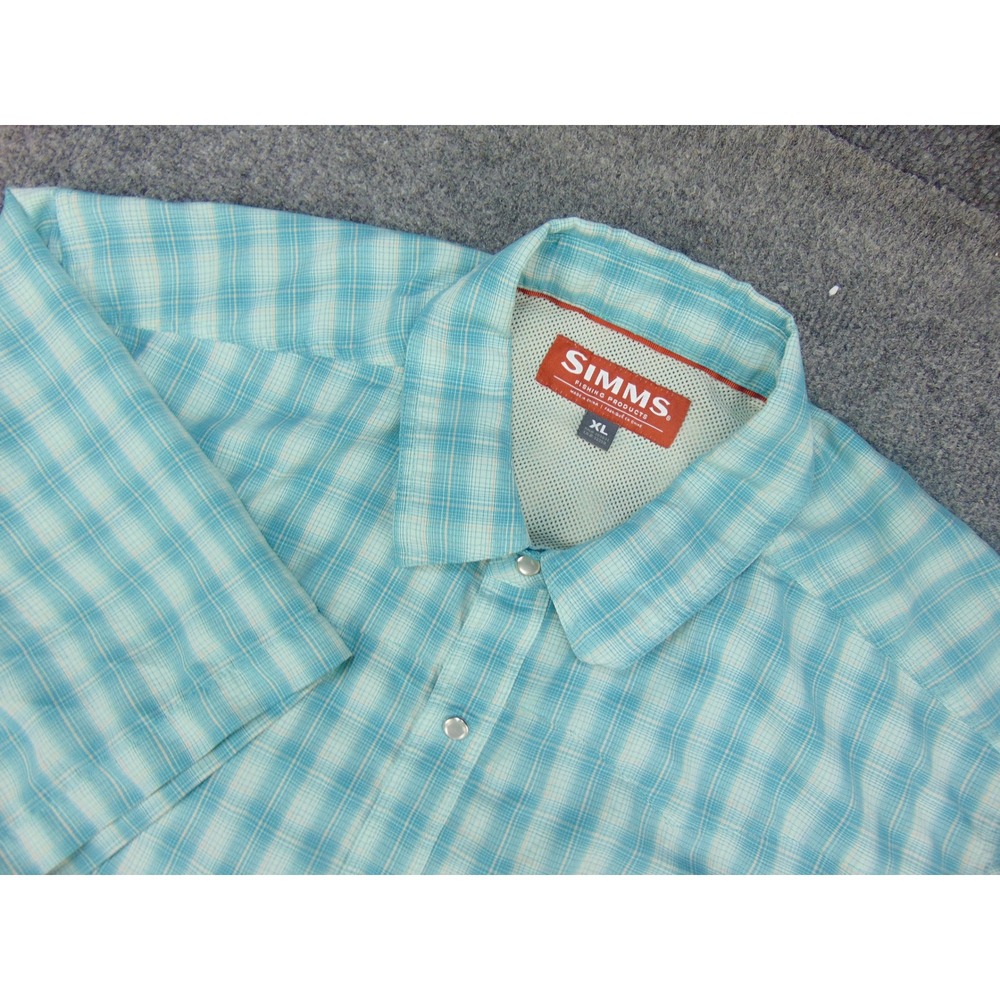 Simms Fishing Shirt Mens XL Short Sleeve Blue Plaid Snap Outdoors Gorpcore